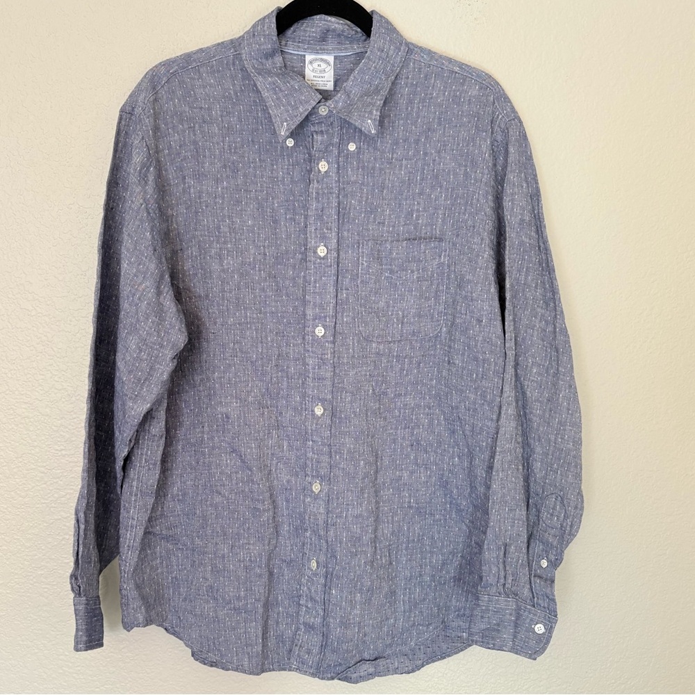 Brooks Brothers Linen Regent Button Down Blue Sz XL